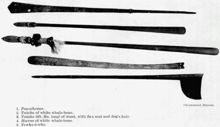 Christchurch Museum

1. Pou-wherma.
2. Taiaha of white whale-bone.
3. Taiaha (6ft. 3in. long) of wood, with flax mat and dog's hair.
4. Hoeroa of white whale-bone.
5. Tewha-tewha.