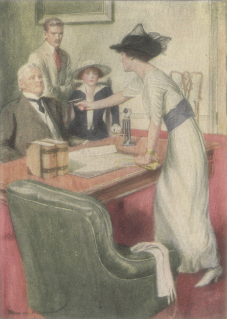 She Threw Up Her Hand, And A Nasty Little Automatic Was Covering The Secretary's Heart. Drawn by William Van Dresser. (Chapter 24.)