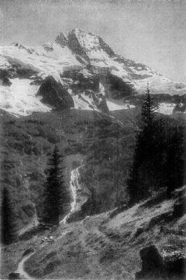 A photograph of a snow-capped mountain near the source of the Rhine,
with a small waterfall and trees in the valley below it.