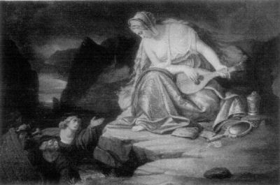 A painting showing Lorelei sitting on her rock in the river, playing a
lute. Below and to the left of her are the old sailor, and Ronald, who is
reaching his hand up to her, while she looks down on them both.