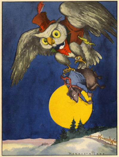 An owl carries a mouse in front of a full moon.