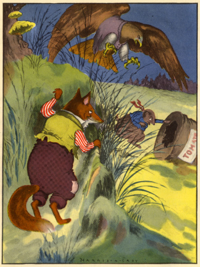 A fox watches while a hawk stoops and a mouse runs into a can.