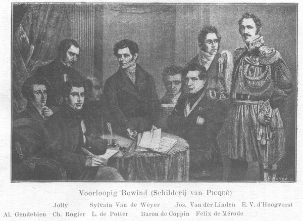 Voorlopig bewind (Schilderij van PICQUÉ) Joly Sylvain van de Weyer Jos. van der Linden E. V. d'Hoogvorst Al. Gendebien Ch. Rogier L. de Potter Baron de Coppin Felix de Mérode