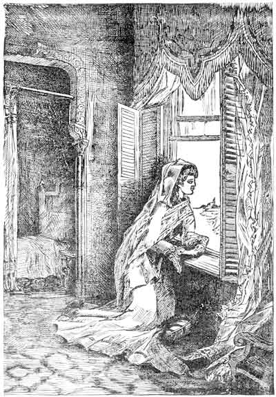 "She sinks to her knees, and leaning out, absorbs the restfulness, the
peace, the white, pure glory of the dawn."—page 456.