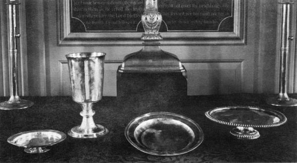 Jamestown Church Communion Service

Chalice and paten given by Governor Francis Moryson, in 1661. Both bearing the inscription: Mix not
holy things with profane. Ex dono Francisco Morrison, Armigeri Anno Domi, 1661.

Large paten at the right given by Sir Edmund Andros, Governor, 1694. Inscribed: In usum Ecclesiae Jacobi-Polis.
Ex dono Dni Edmundi Andros, Equitis, Virginiae Gubernatoris, Anno Dom. MDCXCIV.

Alms basin, London, 1739. Second on the right. Inscription: For the use of James City Parish Church. Given
by the old church at Jamestown in 1758 to Bruton Parish Church.

Courtesy Miss Emily Hall